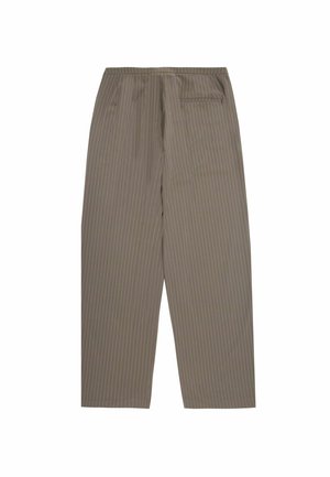 Beige gestreifte Hose mit elastischem Bund und einer einzelnen Gesäßtasche; der Stoff wirkt glatt mit einer leichten Textur.