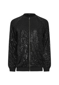 Giubbotto bomber nero con texture di paillettes, chiusura a zip integrale, polsini e orlo a costine, design elegante. Motivo scintillante sulla parte anteriore.