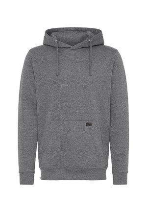 Grauer Pullover-Hoodie aus weichem Baumwollmix. Mit einer Kordelzugkapuze, einer vorderen Kängurutasche und gerippten Bündchen mit einem kleinen Logo-Tag.