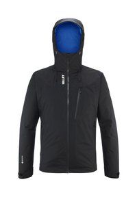 Schwarze isolierte Jacke mit einer blau gefütterten Kapuze, Vorderreißverschluss mit Kinnschutz, Reißverschlusstasche auf der Brust und verstellbaren Manschetten. GORE-TEX-Logo sichtbar.