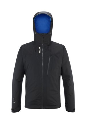 Schwarze isolierte Jacke mit einer blau gefütterten Kapuze, Vorderreißverschluss mit Kinnschutz, Reißverschlusstasche auf der Brust und verstellbaren Manschetten. GORE-TEX-Logo sichtbar.