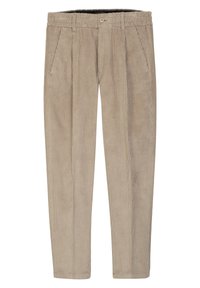 Beige Corduroyhosen mit geradem Bein, ausgestattet mit einem Knopfverschluss und Gesäßtaschen. Die Textur zeigt feine vertikale Rillen.