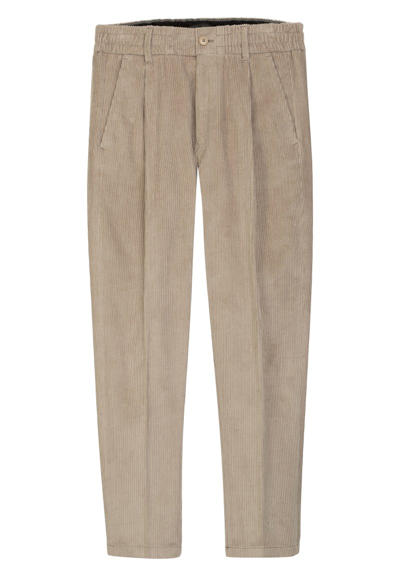 Beige Corduroyhosen mit geradem Bein, ausgestattet mit einem Knopfverschluss und Gesäßtaschen. Die Textur zeigt feine vertikale Rillen.
