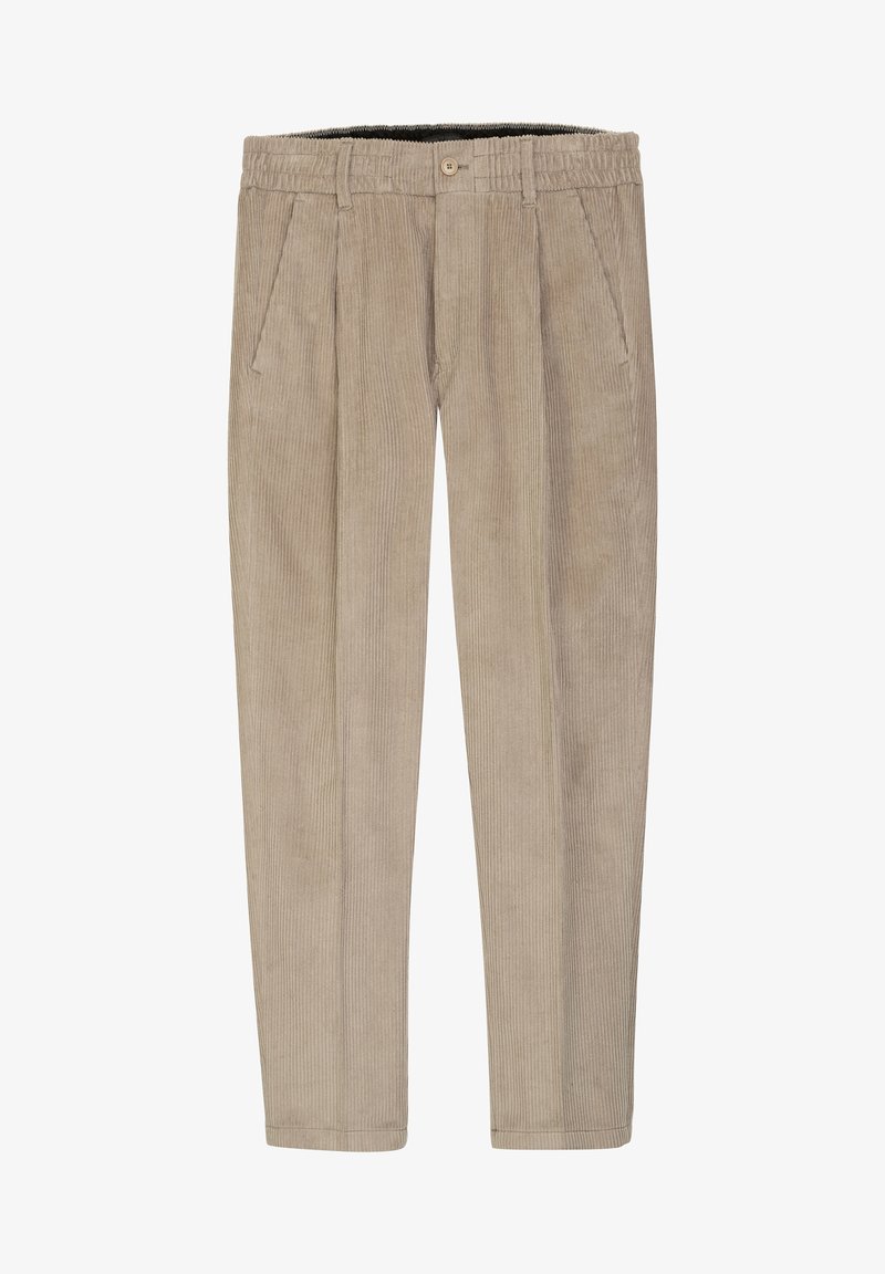 Beige Corduroyhosen mit geradem Bein, ausgestattet mit einem Knopfverschluss und Gesäßtaschen. Die Textur zeigt feine vertikale Rillen.