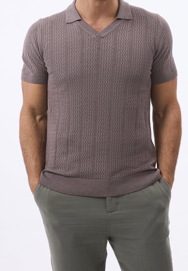 Korte mouw, gebreide polo in taupe met een V-hals. Heeft gestructureerde patronen en geribde boorden en zoom, gecombineerd met lichtgroene broeken.