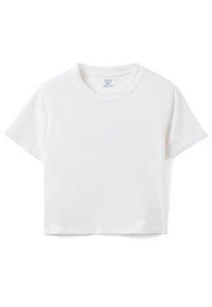 Weißes, kurzärmeliges, kurz geschnittenes T-Shirt für Kinder mit rundem Ausschnitt und dezent erhabenem Logo nahe dem Saum.