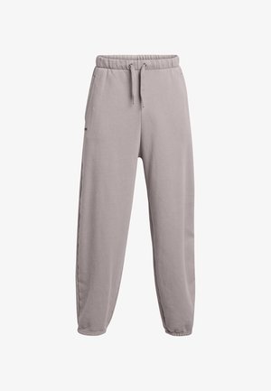 Helle graue Sweatpants aus weichem Stoff, mit einem elastischen Bund mit Kordelzug, seitlichen Taschen und gerippten Knöcheln.