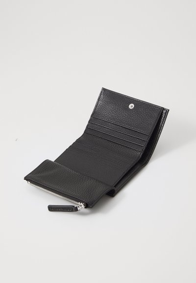 Black leather wallet with a textured finish, featuring multiple card slots and a zippered compartment along the bottom edge.
