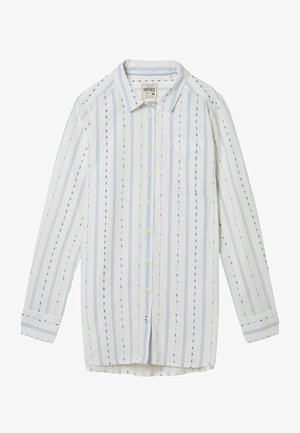 White long-sleeve shirt with blue vertical stripes and small dotted patterns. Features a button-up front and a single chest pocket.