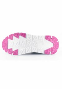 Sko sula med en vit bas och rosa gummidetaljer. Texturerad yta med hexagonala och triangulära mönster för grepp.