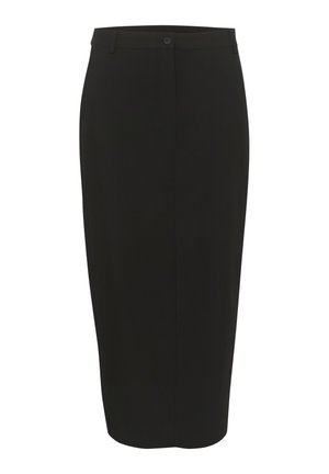 Zwarte kokerrok van een gladde stof, hoge taille, enkele knoopsluiting en gestructureerde vorm, die net onder de knieën valt.