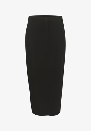 Zwarte kokerrok van een gladde stof, hoge taille, enkele knoopsluiting en gestructureerde vorm, die net onder de knieën valt.
