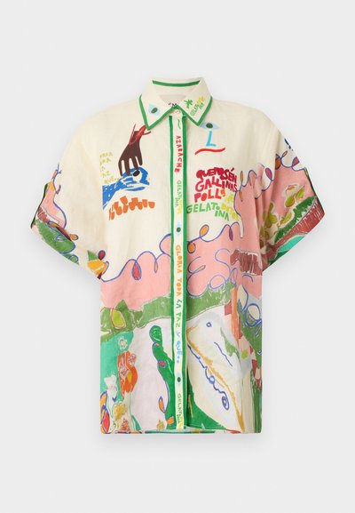 Īsām piedurkņu pogājama krekla, kas izgatavots no viegla auduma, ar krāsainiem abstraktiem rakstiem un māksliniecisku tekstu uz krēma krāsas fona.