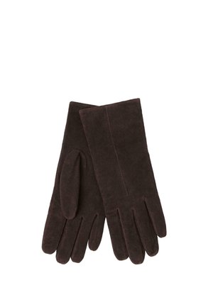 Paar donkerbruine suède handschoenen met zichtbare stiknaden, ontworpen voor volledige handbedekking en warmte.