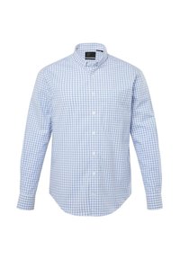 Camisa de cuadros azules y blancos, tipo button-down, con mangas largas, cuello y un bolsillo en el lado izquierdo, hecha de un tejido ligero.