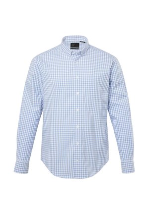 Blau-weißer karierten Button-Down-Hemd mit langen Ärmeln, Kragen und einer Tasche auf der linken Seite, aus einem leichten Stoff gefertigt.