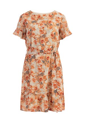 Floral dress in light fabric with orange and gray patterns. Features short ruffled sleeves, a cinched waist, and a flared skirt.
