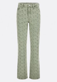 Jeans verdi con motivo floreale, realizzati in tessuto morbido, dotati di una vita standard e taglio dritto.