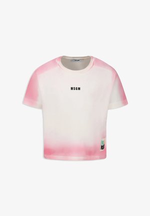 T-shirt tagliato bianco, con orlo a gradiente rosa. Logo nero "MSGM" sul petto e etichetta colorata sul lato sinistro. Morbido tessuto.