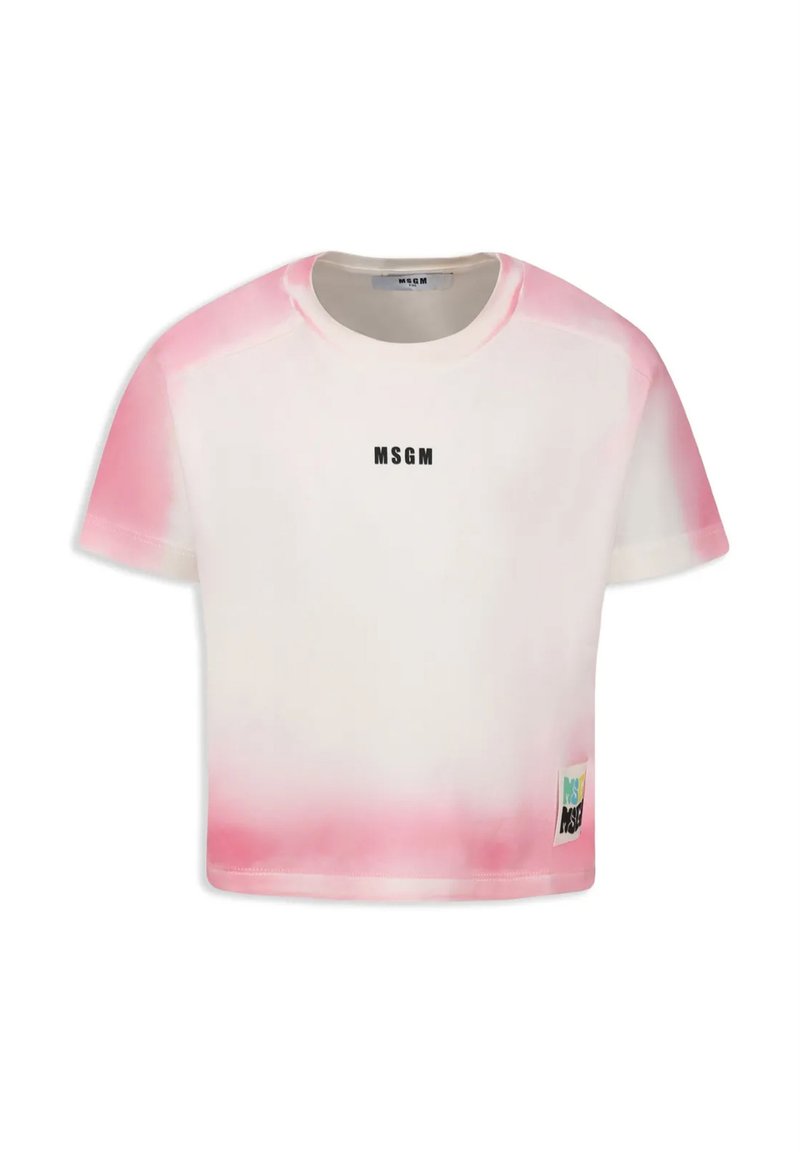 T-shirt tagliato bianco, con orlo a gradiente rosa. Logo nero "MSGM" sul petto e etichetta colorata sul lato sinistro. Morbido tessuto.