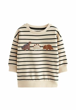 Cremefarvet og sort stribet trøje til småbørn med tre broderede dinosaurusser i brunt og beige på tværs af brystet.
