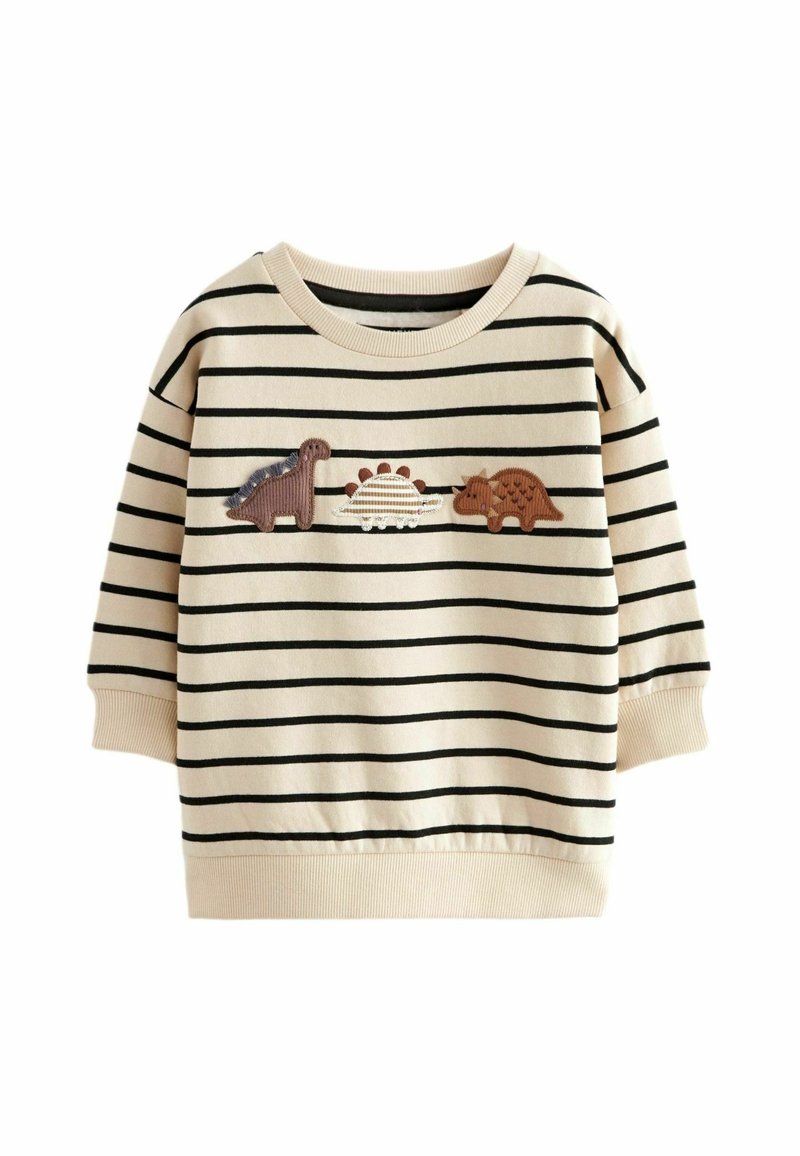 Pull pour tout-petit à rayures crème et noires avec trois dinosaures brodés en marron et beige sur la poitrine.