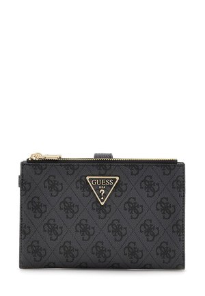 Black canvas wallet with gold zipper, featuring a triangular logo accent, embossed pattern, and a compact rectangular shape.
