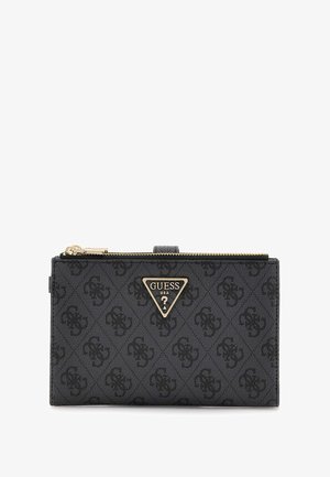 Czarny portfel z materiału płótna z złotym zamkiem błyskawicznym, wyróżniający się trójkątnym logo, wytłaczanym wzorem i kompaktowym prostokątnym kształtem.