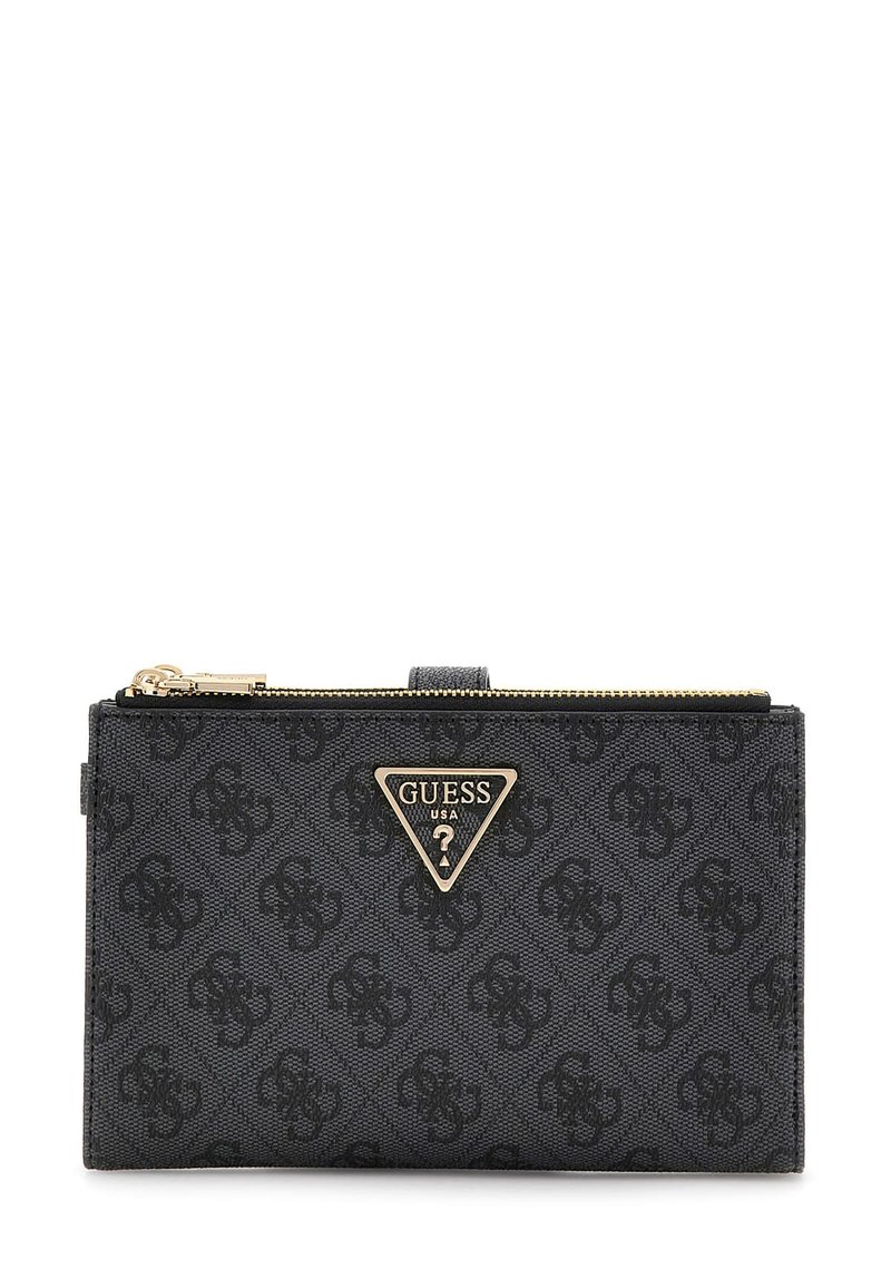 Schwarzes Canvas-Portemonnaie mit goldener Reißverschluss, ausgestattet mit einem dreieckigen Logo-Akzent, geprägtem Muster und kompakter rechteckiger Form.