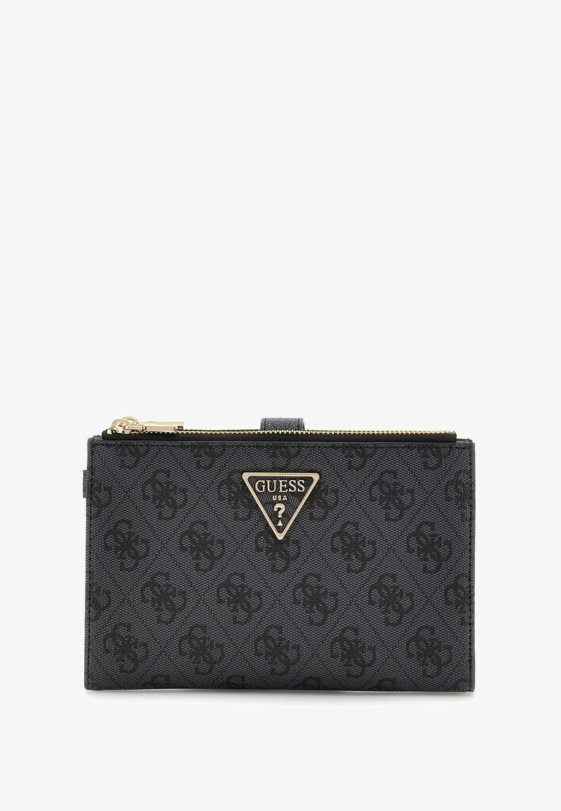 Schwarzes Canvas-Portemonnaie mit goldener Reißverschluss, ausgestattet mit einem dreieckigen Logo-Akzent, geprägtem Muster und kompakter rechteckiger Form.