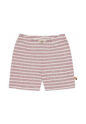 Heren shorts met een witte basis en smalle rode strepen. Zachte katoen stof, elastische tailleband en een klein, multikleurig label aan de zijkant.