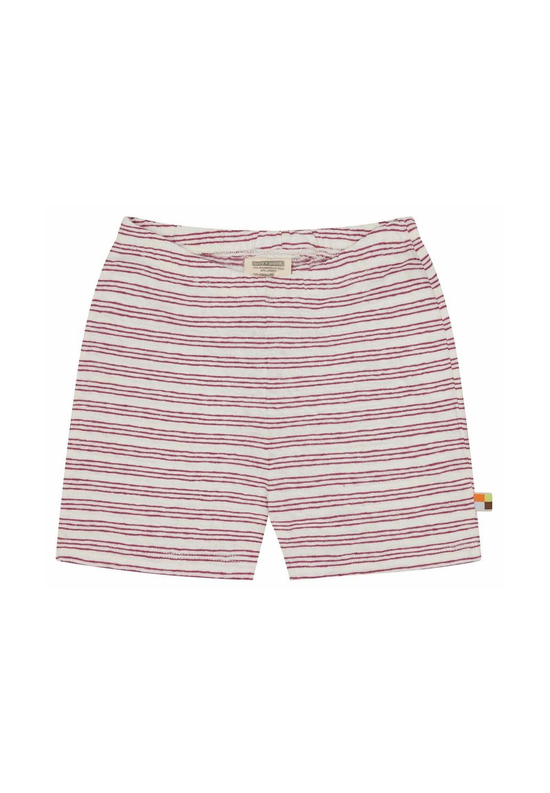 Heren shorts met een witte basis en smalle rode strepen. Zachte katoen stof, elastische tailleband en een klein, multikleurig label aan de zijkant.