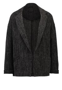 Blazer gris foncé texturé à ouverture frontale, avec revers crantés et deux poches avant.