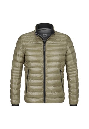 Helle olivgrüne Daunenjacke mit einem Frontreißverschluss, seitlichen Taschen und einem strukturierten, gesteppten Design. Verfügt über ein schwarzes Innenfutter und Akzente an den Bündchen.