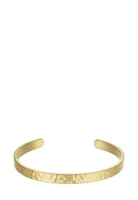 Zlati zapestnica z obdelano površino; okrogla odprta konca; gladka notranja površina; dimenzionalna in edinstveno odbija svetlobo.