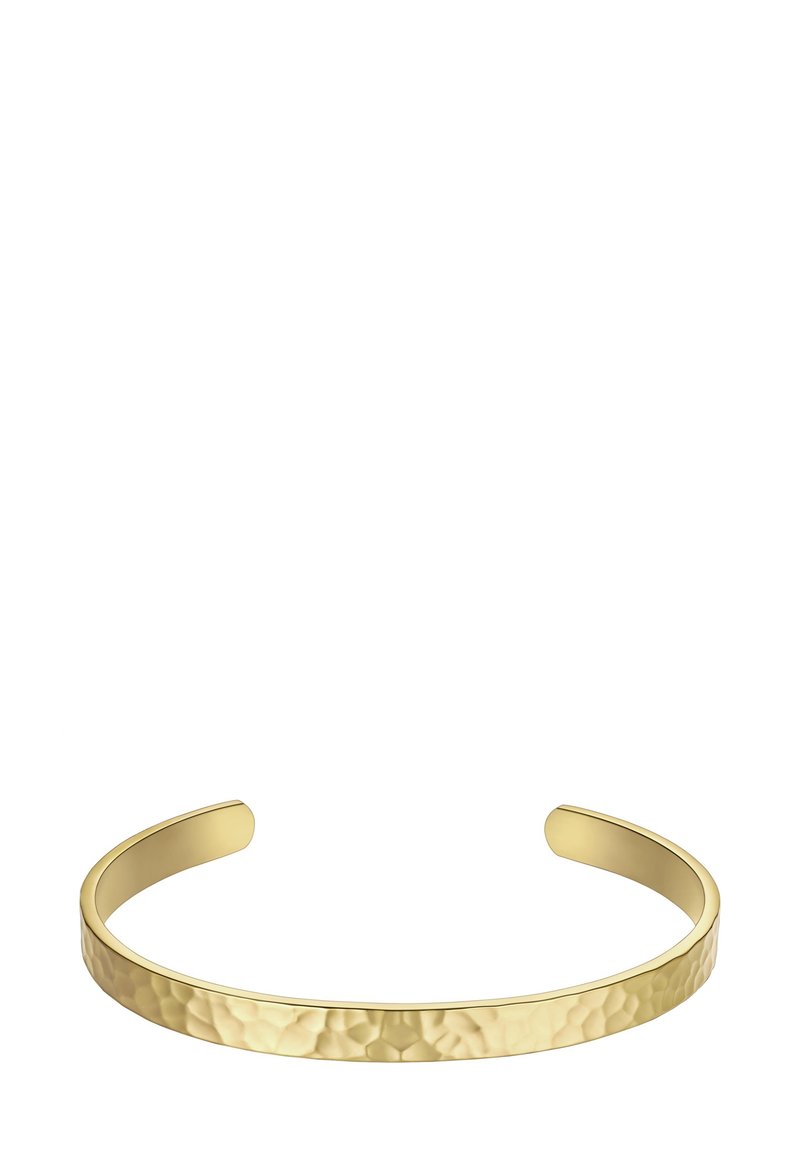 Zlati zapestnica z obdelano površino; okrogla odprta konca; gladka notranja površina; dimenzionalna in edinstveno odbija svetlobo.