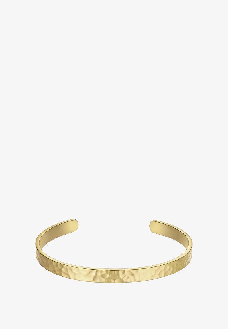 Zlati zapestnica z obdelano površino; okrogla odprta konca; gladka notranja površina; dimenzionalna in edinstveno odbija svetlobo.