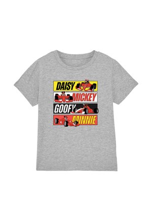 Grey T-shirt with four racing scenes featuring cartoon characters Daisy, Mickey, Goofy, and Minnie in red race cars with bold text.