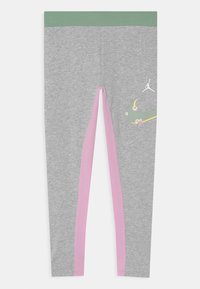 Szare legginsy z zielonym pasaem, różowymi bocznymi panelami i kwiatowymi akcentami z logo. Wykonane z miękkiego, elastycznego materiału.