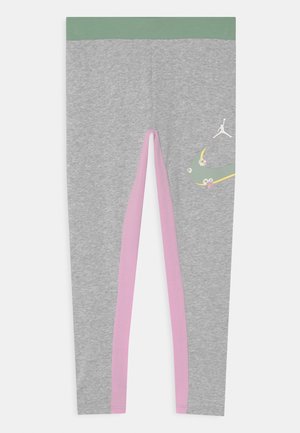 Grå leggings med grön midja, rosa sidopaneler och blommiga detaljer som har en logo. Tillverkade av mjukt, elastiskt material.