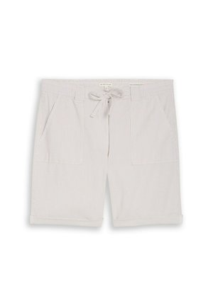 Shorts décontractés beige clair rayés avec poches avant, passants pour ceinture et cordon en tissu noué à la taille.