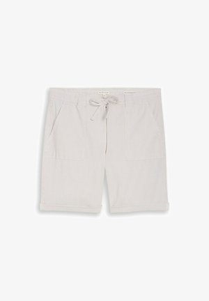 Shorts décontractés beige clair rayés avec poches avant, passants pour ceinture et cordon en tissu noué à la taille.