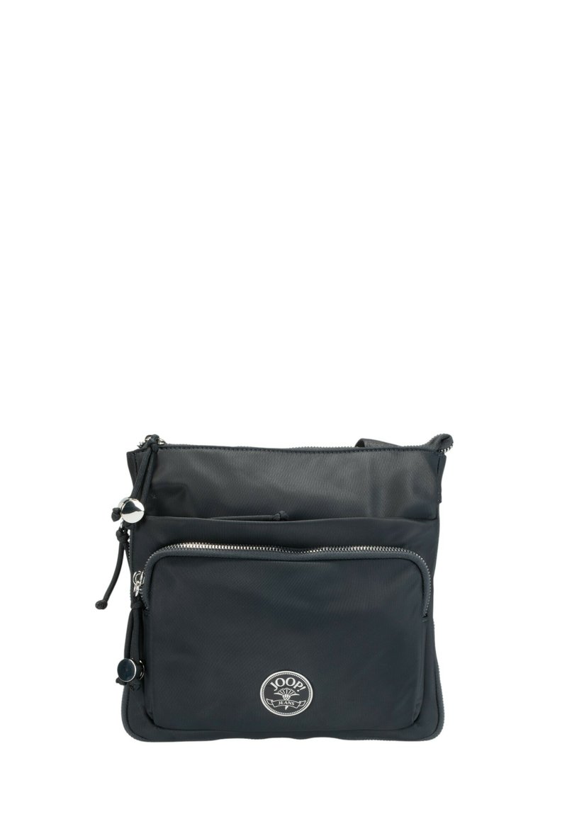 Borsa a tracolla nera in nylon con due scomparti con cerniera, hardware argentato e una patch rotonda del logo. Superficie texture con tracolla regolabile.