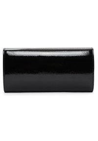 Clutch in vernice nera con una texture liscia e lucida. Forma cilindrica, caratterizzata da linee pulite e hardware minimal.