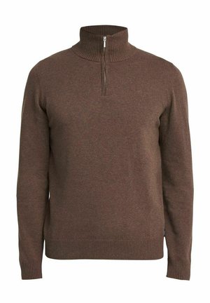 Bruine, zip-neck trui van zachte stof met ribgebreide manchetten en onderkant. Bevat een subtiele logo op de borst en heeft een klassieke pasvorm.
