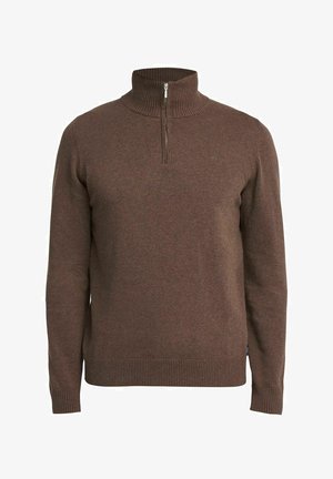 Bruine, zip-neck trui van zachte stof met ribgebreide manchetten en onderkant. Bevat een subtiele logo op de borst en heeft een klassieke pasvorm.