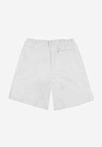 Szare bawełniane szorty z elastycznym pasem i jedną tylną kieszenią. Prosty design, do kolan, miękka tekstura, bez wzorów ani akcentów.