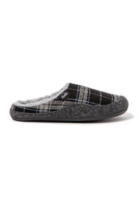 Zapatilla de cuadros con parte superior de lana en negro, gris y azul, interior de felpa y suela de goma gris. Presenta un diseño bajo sin hebillas y detalle del logo.
