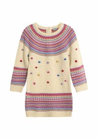 Maglione lavorato a maglia color crema con scollo a yolk decorato in rosa, blu e rosso; presenta pompon colorati e maniche lunghe con polsini a coste.