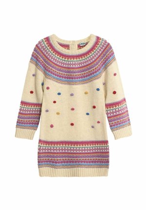 Maglione lavorato a maglia color crema con scollo a yolk decorato in rosa, blu e rosso; presenta pompon colorati e maniche lunghe con polsini a coste.